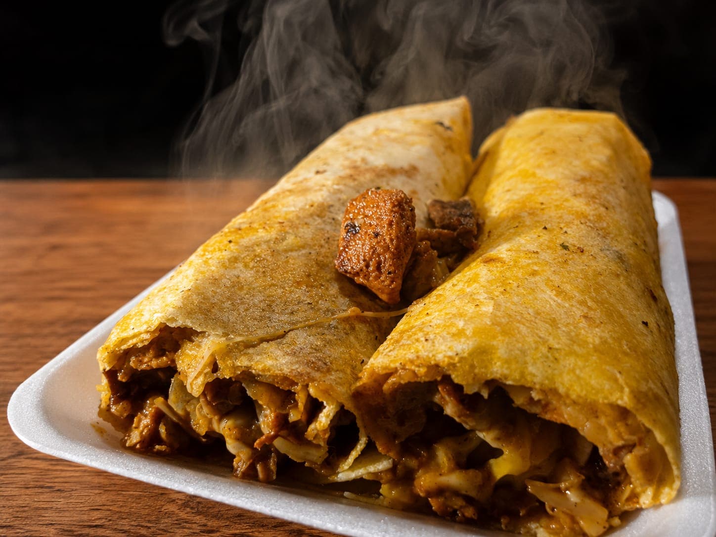 Dos tortillas de harina de La Silenciosa recién hechas, humeando, cargadas de carne y queso